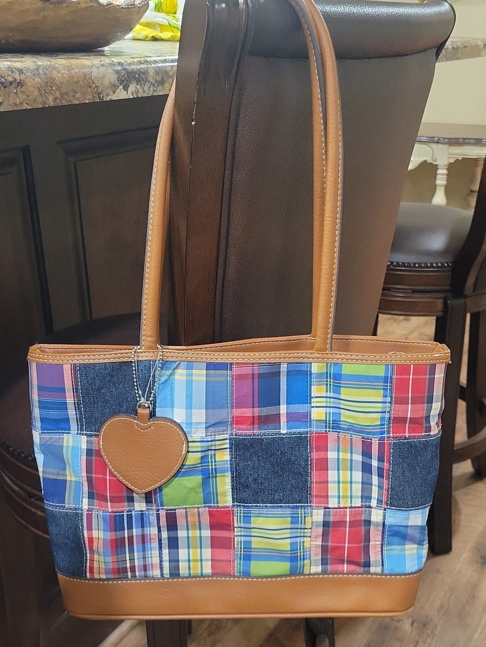 Bueno Patchwork Plaid Tote Bag with Heart Charm - Multicolor